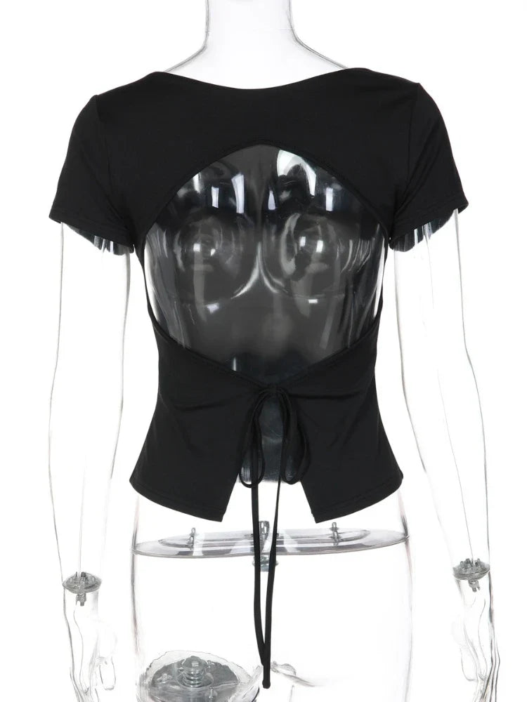 FDYOUI Fashion Casual Backless Lace-up T-shirts Women's Summer O-neck Short Sleeve Cropped Tops Streetwear Y2K Solid Tee Shirt