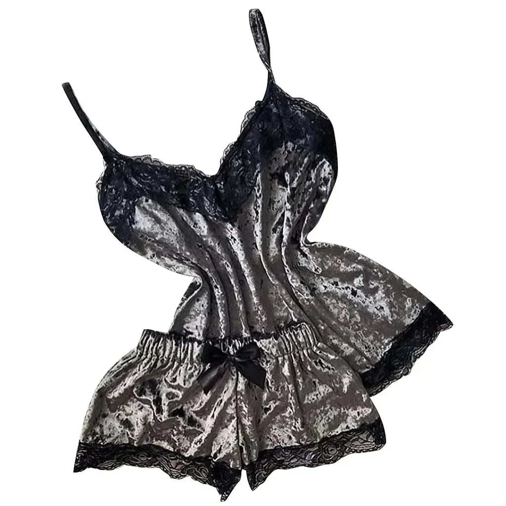 Summer Lace Sleepwear Sexy Satin Pajamas Set Women Nightshirt 2 Pieces Crop Tops and Shorts Set Homewear Loungewear