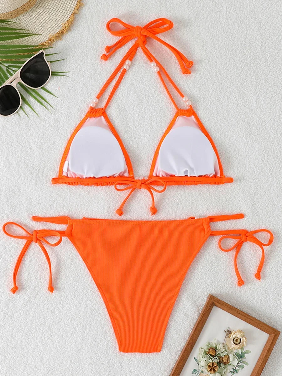 2026 String Triangle Printed Bikini Women Sexy Swimwear Female Halter Swimsuit Solid Bathers Bathing Swimming Swim Suit Beach