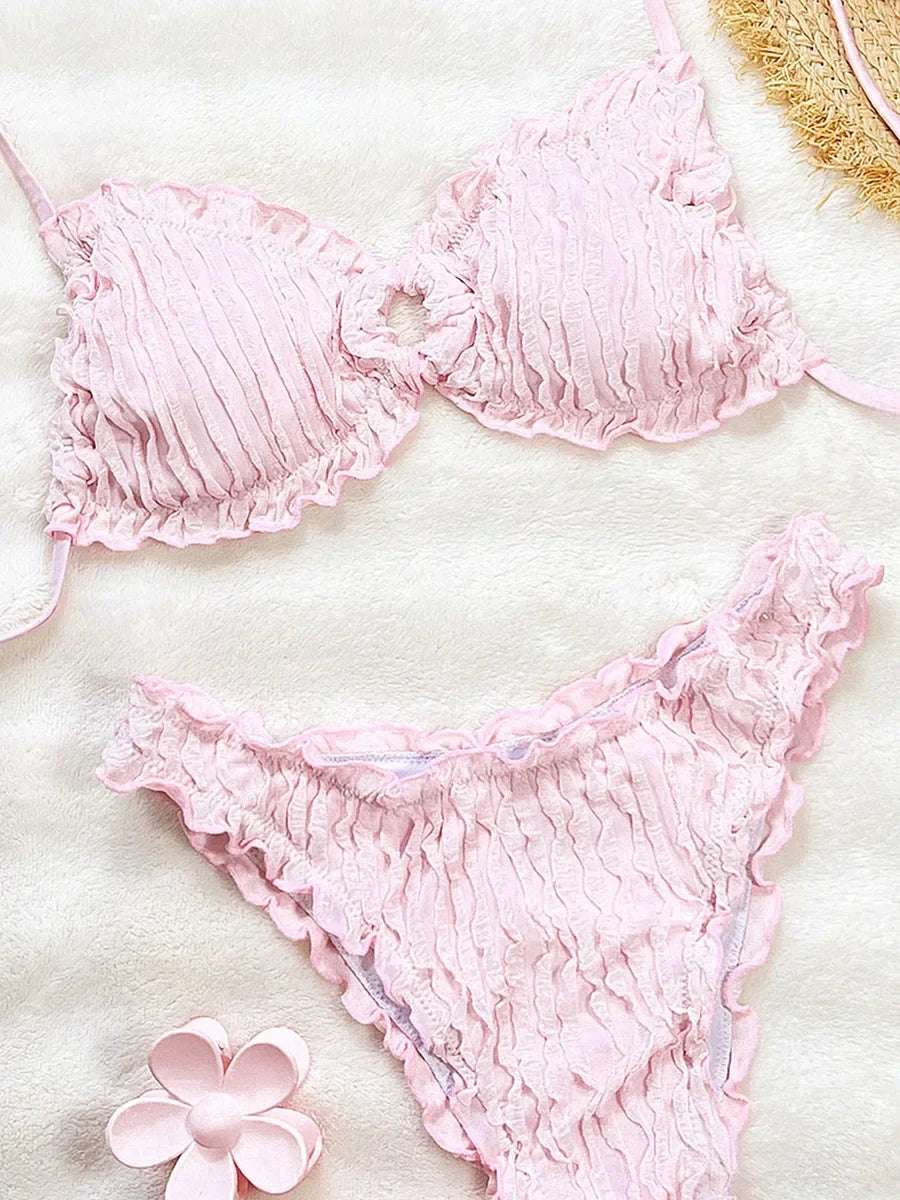 2026 Wrinkled Ruffled Halter Bikini Female Swimsuit Women Swimwear Two-pieces Bikini Set Bather Bathing Suit Swim Lady Beachwear