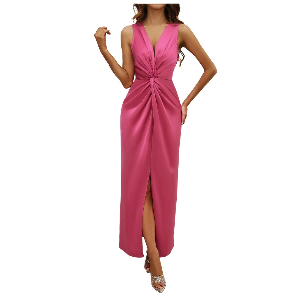 Evening Party Dress For Womens Summer Elegant Formal Dresses Sexy Sleeveless Deep V Neck Pleated Long Vestidos With High Split