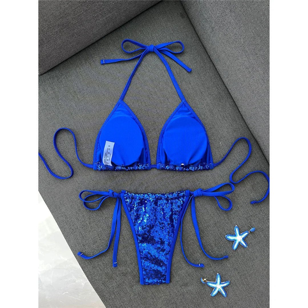 Sequins Halter Bikini Female Swimsuit Women Swimwear Two-Pieces Bikini Set High Cut Leg Padded Bather Bathing Suit Swim V8302
