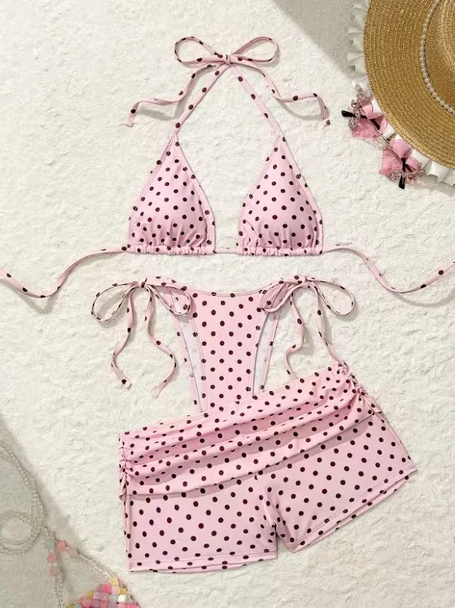 With Shorts Polka Dot Halter Mini Micro Thong Bikini Female Swimsuit Women Swimwear Three-pieces Bikini Set Bathing Suit Swim