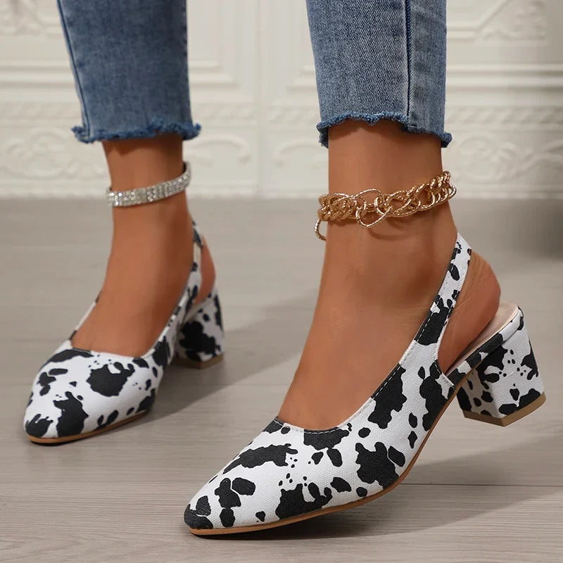 Zoki Fashion Leopard Print Thick Heel Sandals Women Back Strap High Heels Sandals Woman Plus Size 42 Pointed Toe Slingbacks