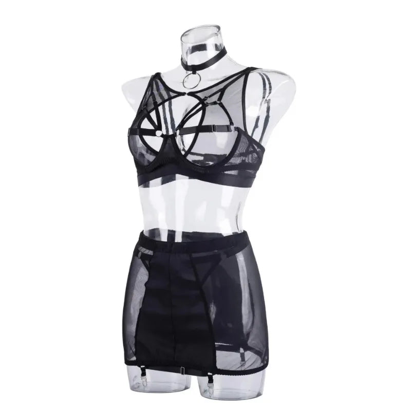 Toucheart 5-Pieces Erotic Lingerie Sexy Hip Skirt For Women Mesh Patchwork Hollow Out See-Through Lure Garters Underwear Suit