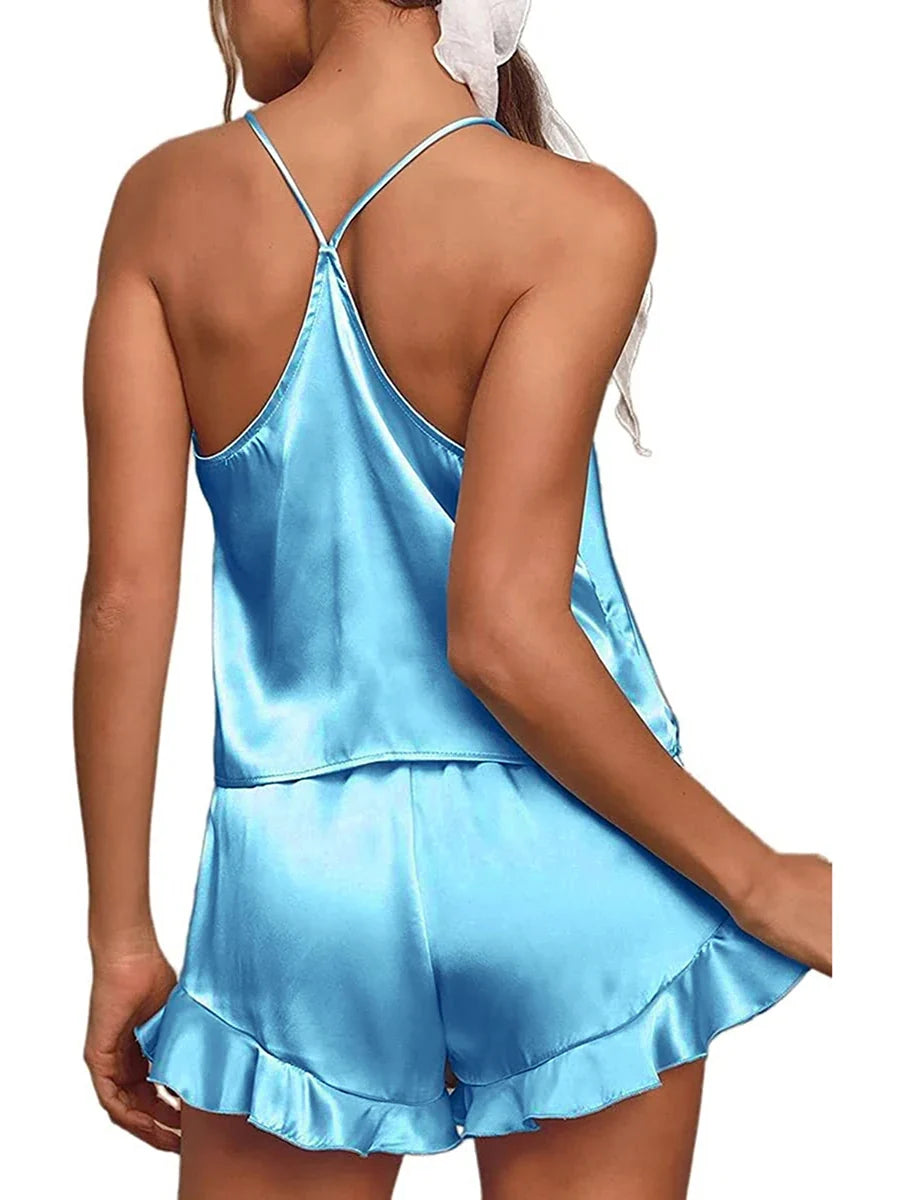 2 Piece Sets Women Nightwear Solid Color Sleeveless Camisole Tops + Ruffle Shorts Sets Summer Pajama Set Loungewear
