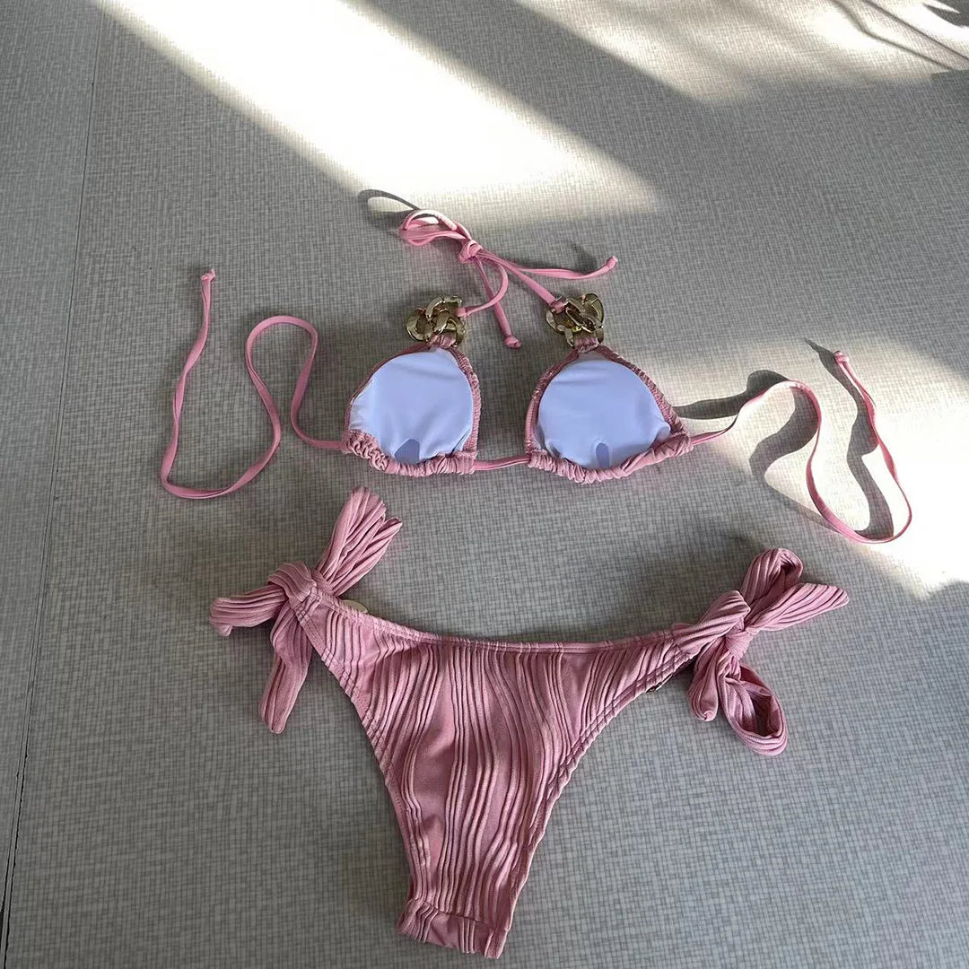 Halter Metal Rings Bikinis Wrinkled Bikini Female Swimsuit Women Swimwear Two-pieces Bikini Set High Cut Bathing Suit Swim Lady