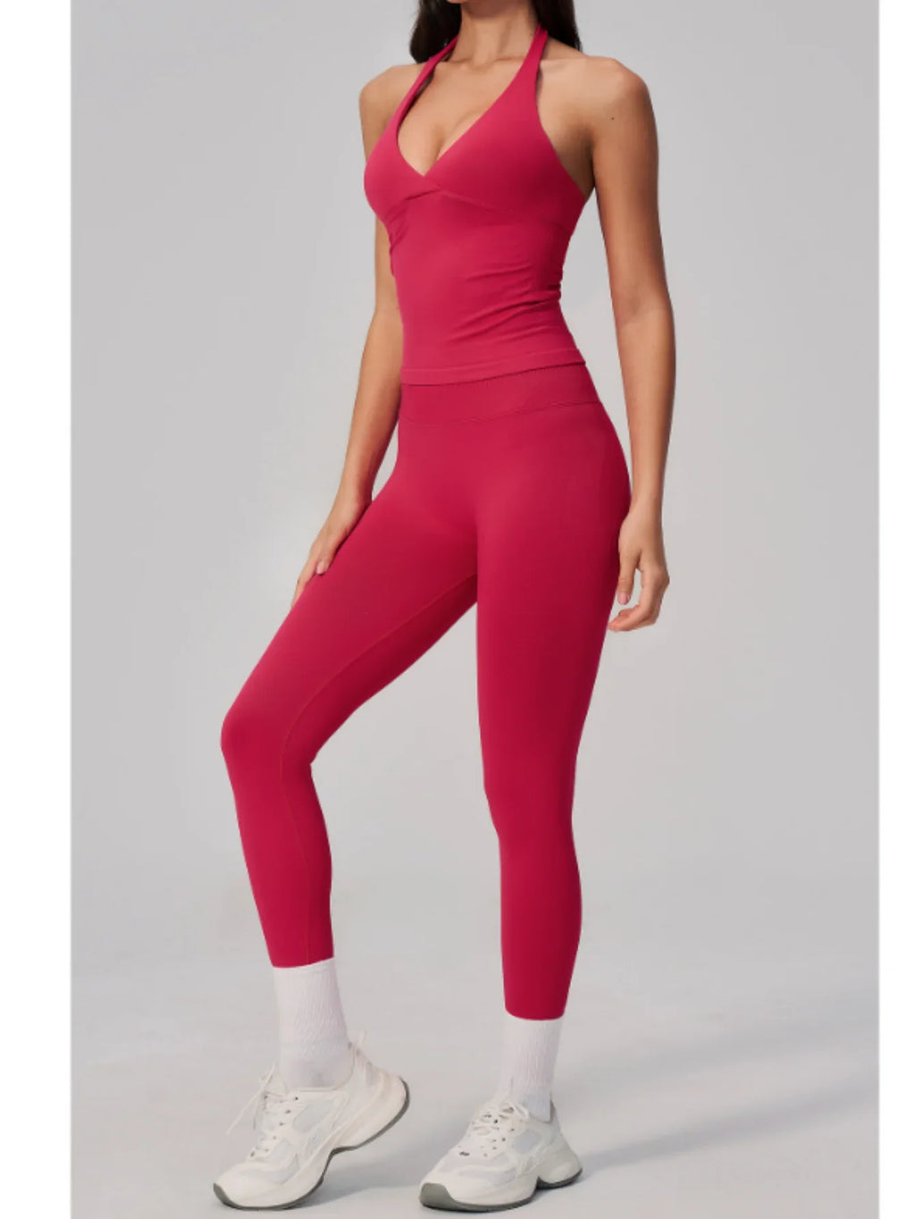 Summer Seamless Yoga Sets Women V Neck Slim Sports Tank Top Fitness Suit Peach Hip High Elasticity Leggings Running Tracksuit
