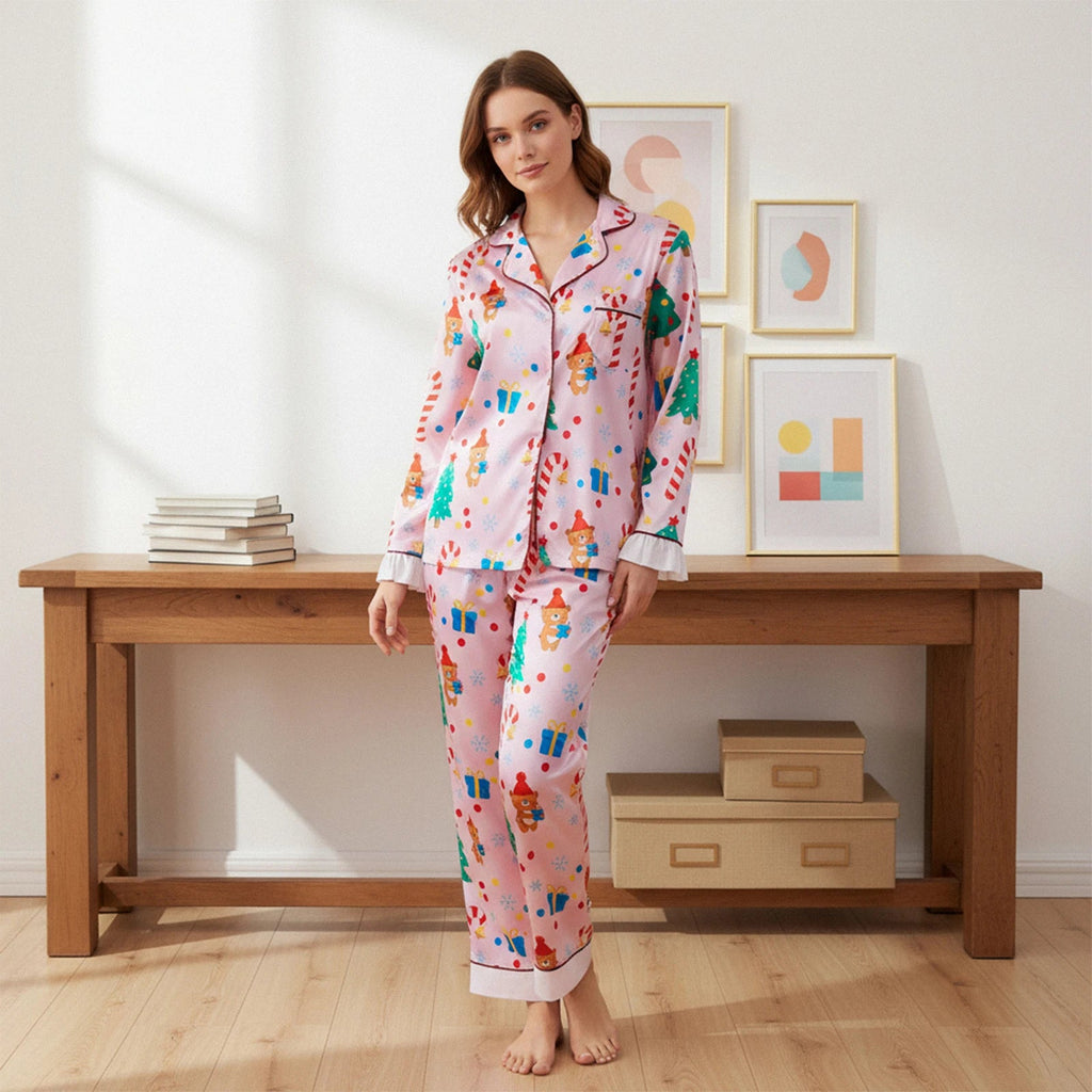 Women's Satin Christmas Pajama Sets Fashionable Printed Button Down Ruffle Tops with Pants 2 Pieces Soft Sleepwear