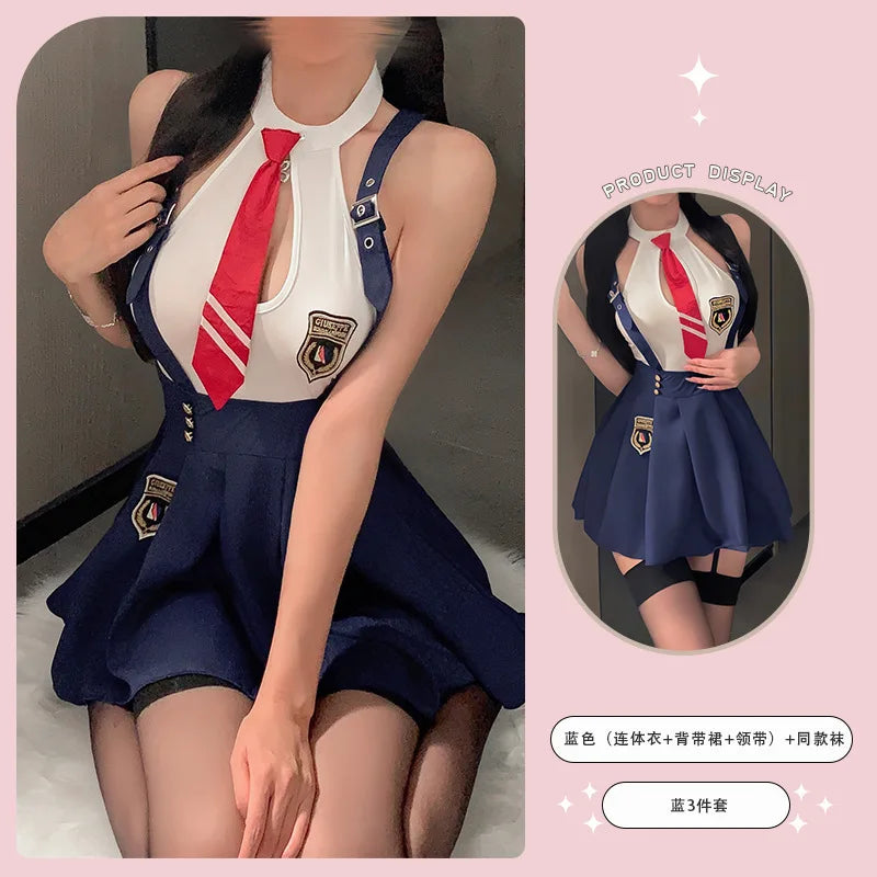 Sexy Student Skirt Sets Hanging Neck Tie JK Campus Short Backless Deep V Suspenders Sleeveless Skirt Sets For Women Elegant EMYH