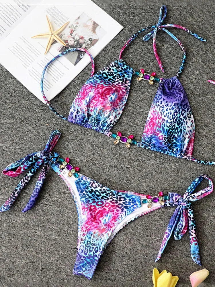 2026 Leopard Rhinestone Jewelled Bikini Women Hollow out Swimsuit female Thong Swimwear Diamond Bikini Set Halter Bathing Suit