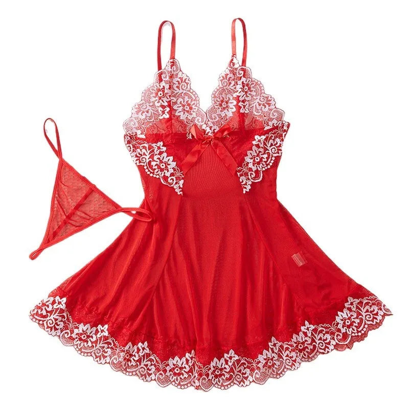 Women's Nightgowns See Through Sexy Deep V Embroidered Nightdress Pajamas Thong Sleepwear Baby Doll Lingerie