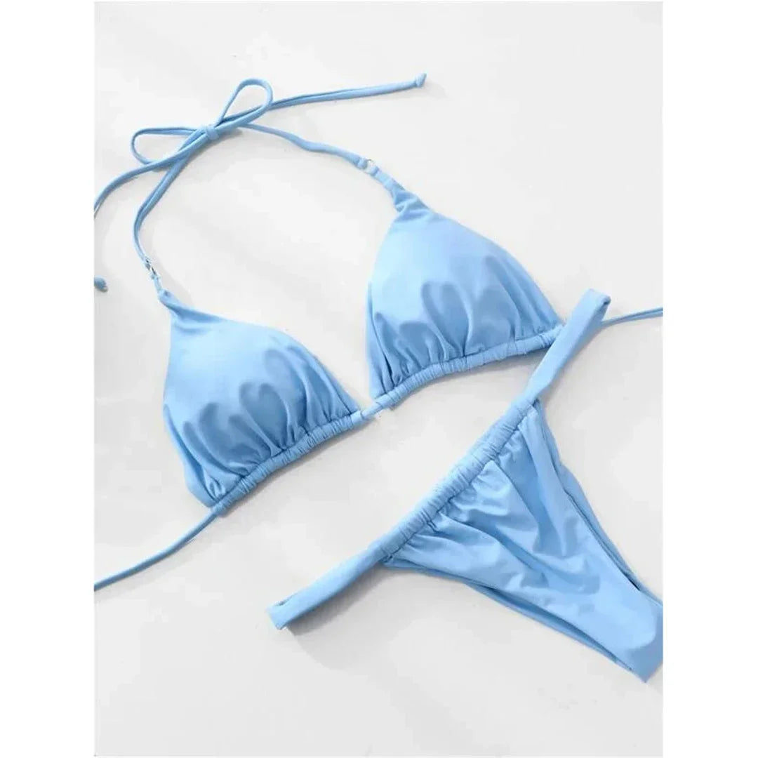 PU Pleated Ruched Bikinis Mini Micro Thong Bikini Women Swimwear Female Swimsuit Two-pieces Bikini Set Halter Bathing Suit Swim