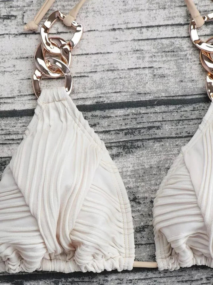 Halter Metal Rings Bikinis Wrinkled Bikini Female Swimsuit Women Swimwear Two-pieces Bikini Set High Cut Bathing Suit Swim Lady