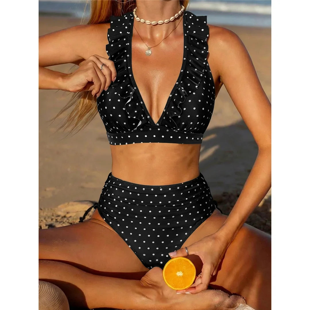 S - XL Polka Dot V Neck High Waist Bikini Female Swimsuit Women Swimwear Two-Pieces Bikini Set Bather Bathing Suit Swim V8111