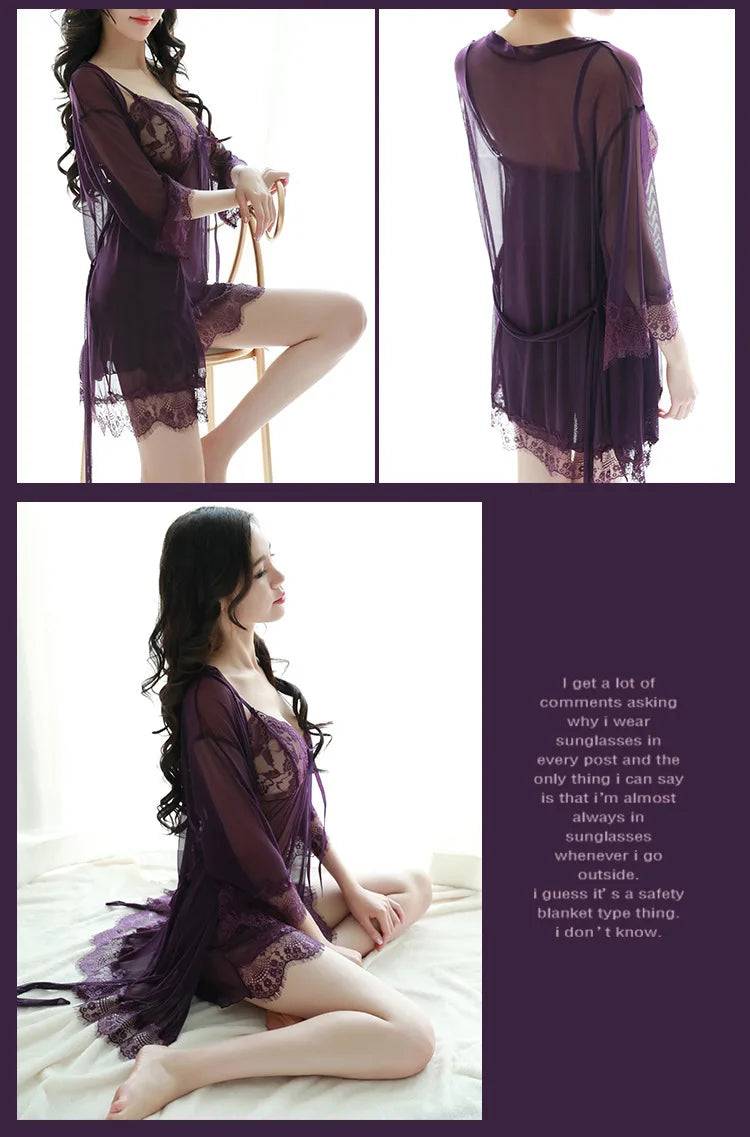 TJ large size see-through suspender sexy temptation lace nightgown temptation mesh pajamas
