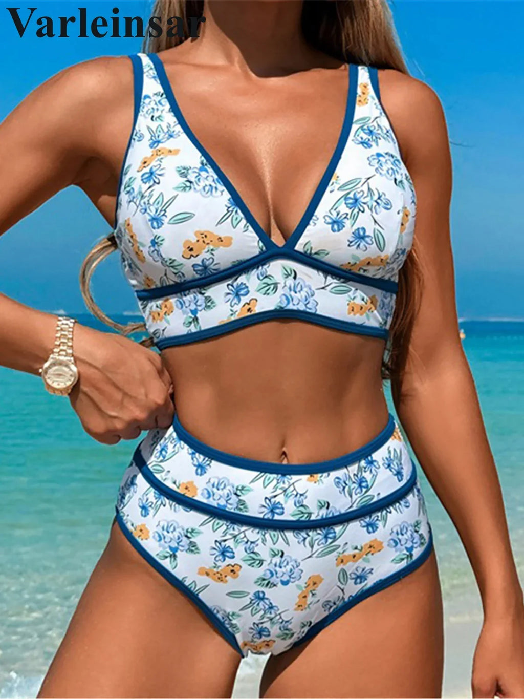 S - XL Sexy V Neck Printed High Waist Bikini Female Swimsuit Women Swimwear Two-pieces Bikini Set Bather Bathing Suit Swim V6997
