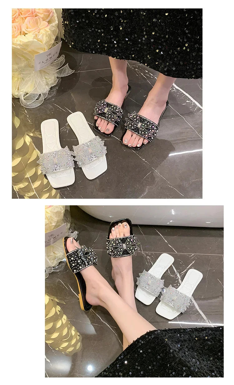 Women Summer Shoes  New Fashion Comfortable Non Slip Bow-knot Slippers Outdoor Soft Sole Rhinestone Dress Style Women Sandal
