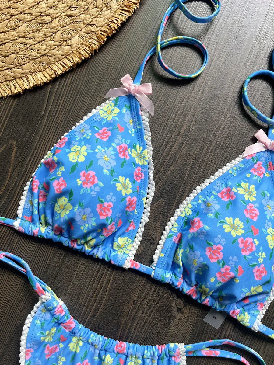 2025 Floral Printed Halter Bikini Female Swimsuit Women Swimwear Two-pieces Bikini set Strappy Bow Bather Bathing Suit Swim Lady