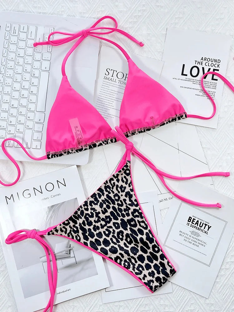 Zebra Print Halter micro Bikini 2025 women Bandeau String Swimsuit Female swimwear Neon Shiny bikini set Leopard Bathing Suit