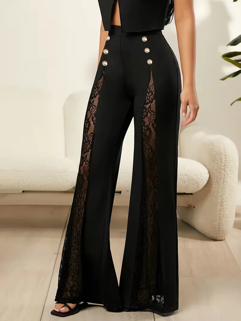 2026 Women's Solid Color Lace Spliced   Flare Pants Trousers