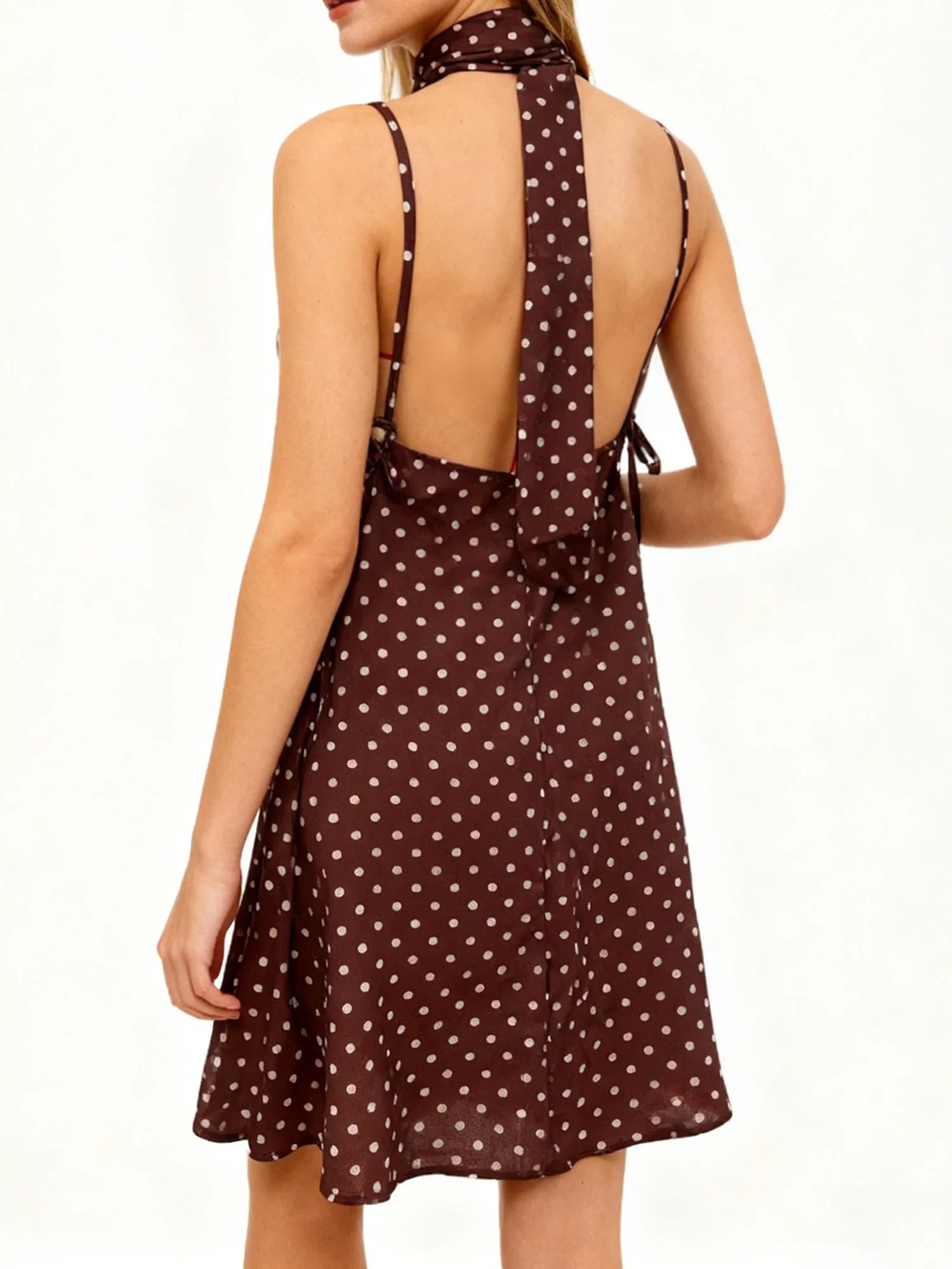Women's Summer Mini Cami Dress A Line Stylish Dot Print Backless V Neck Spaghetti Strap Dresses with Scarf