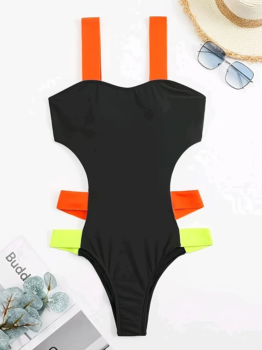 Splicing Black Contrast Women Swimwear One Piece Swimsuit Female Monokini High Cut Bather Backless Bathing Suit Swim Beachwear