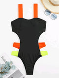 Splicing Black Contrast Women Swimwear One Piece Swimsuit Female Monokini High Cut Bather Backless Bathing Suit Swim Beachwear