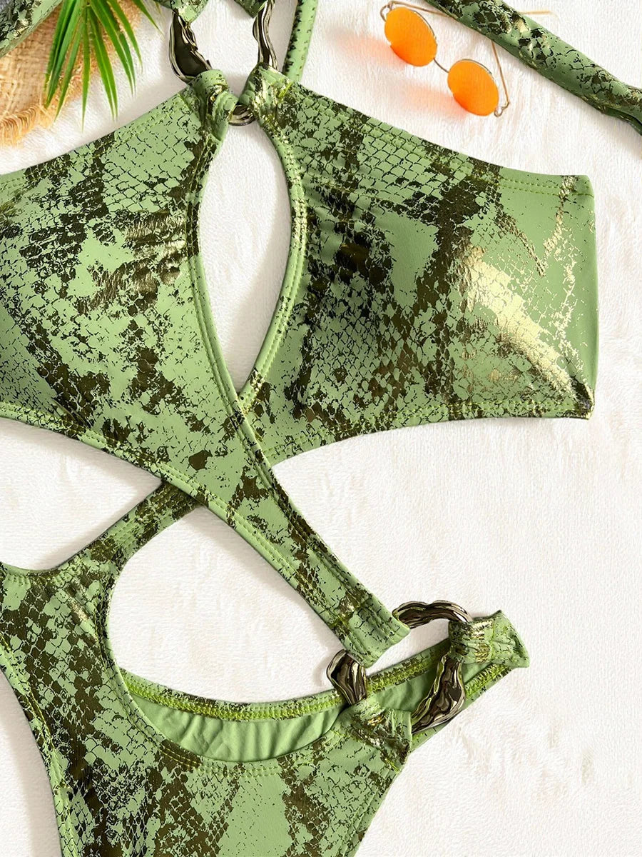 Sexy Tummy Cut Out Halter Women Thong Swimwear One Piece Swimsuit Female High Cut Monokini Rings Bathing Suit Swim Beach Wear