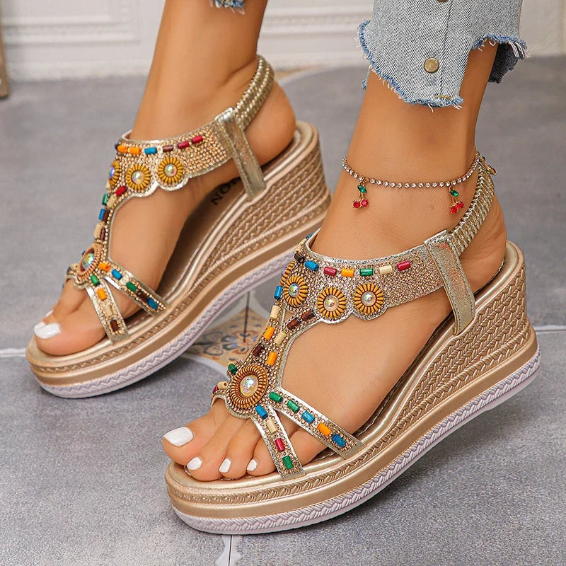 National Wind Beaded Wedge Heels Sandals Women Chunky Platform Slip On Gladiator Sandals Woman Plus Size 43 High Heel Sandalias