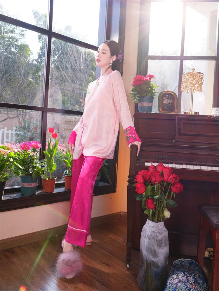 New Chinese style pajamas with breast pads, simulated silk, ice silk home wear, satin jacquard pajamas set