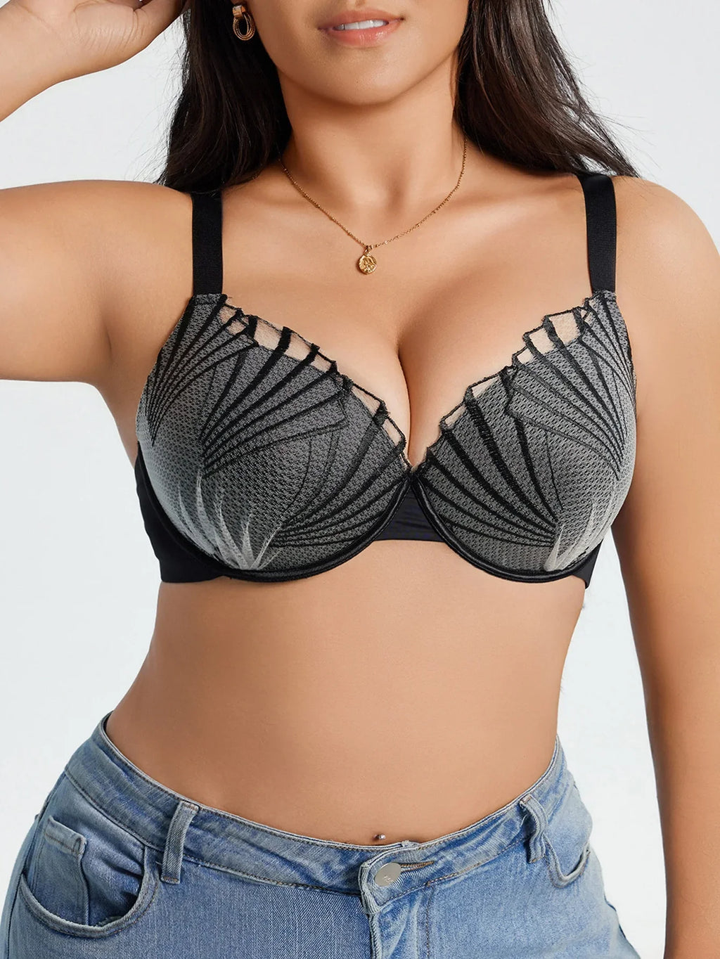 Everyday Plus Size Women's Push up Bra Fan Embroidery, Thin Cup, Comfortable Underwire Support Lingerie