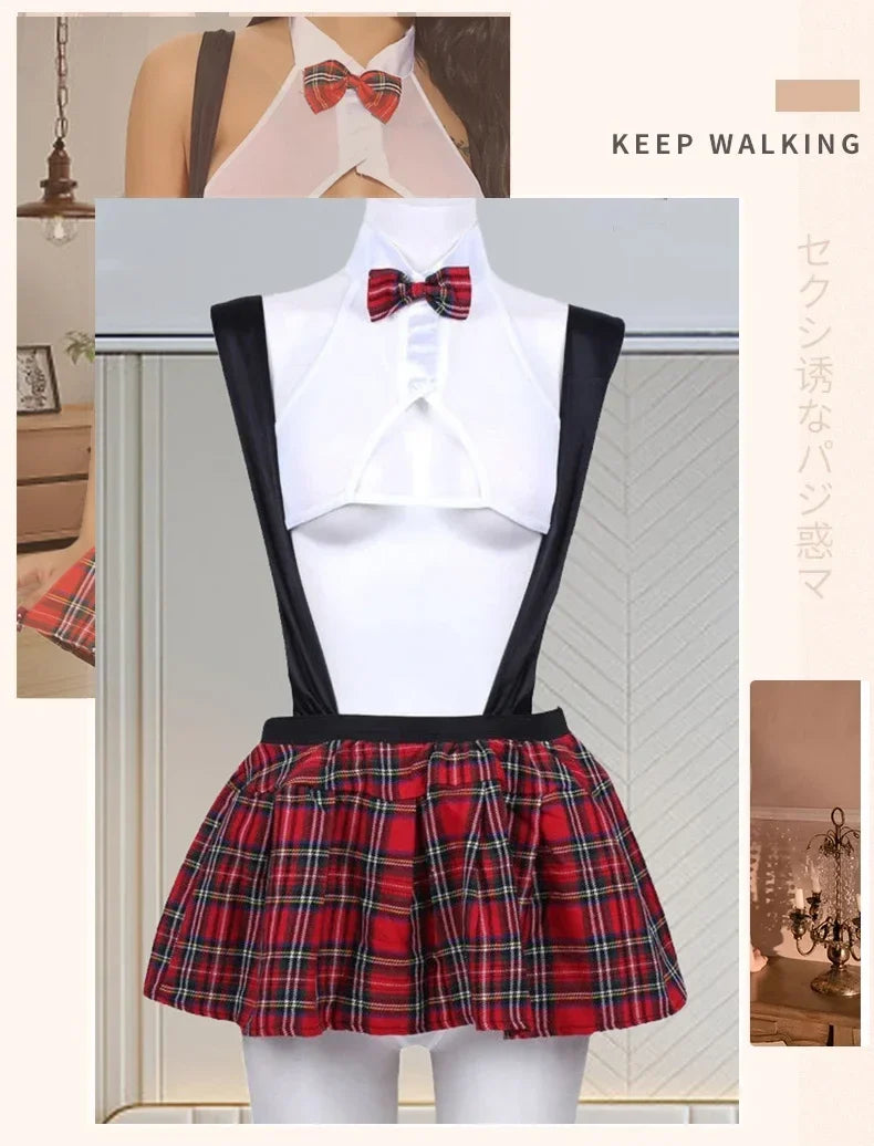 Toucheart Sexy Uniform Temptation Jumpsuit For Women Cosplay Mesh Plaid Perspective JK Sex Suit Mesh Patchwork Uniform Set New