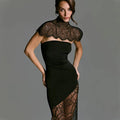 Ahagaga Fashion Women's Maxi Dresses Lace Patchwork Sexy Sheer Split Bodycon Slim Fit Turtleneck Sheath Female Party Vestidos