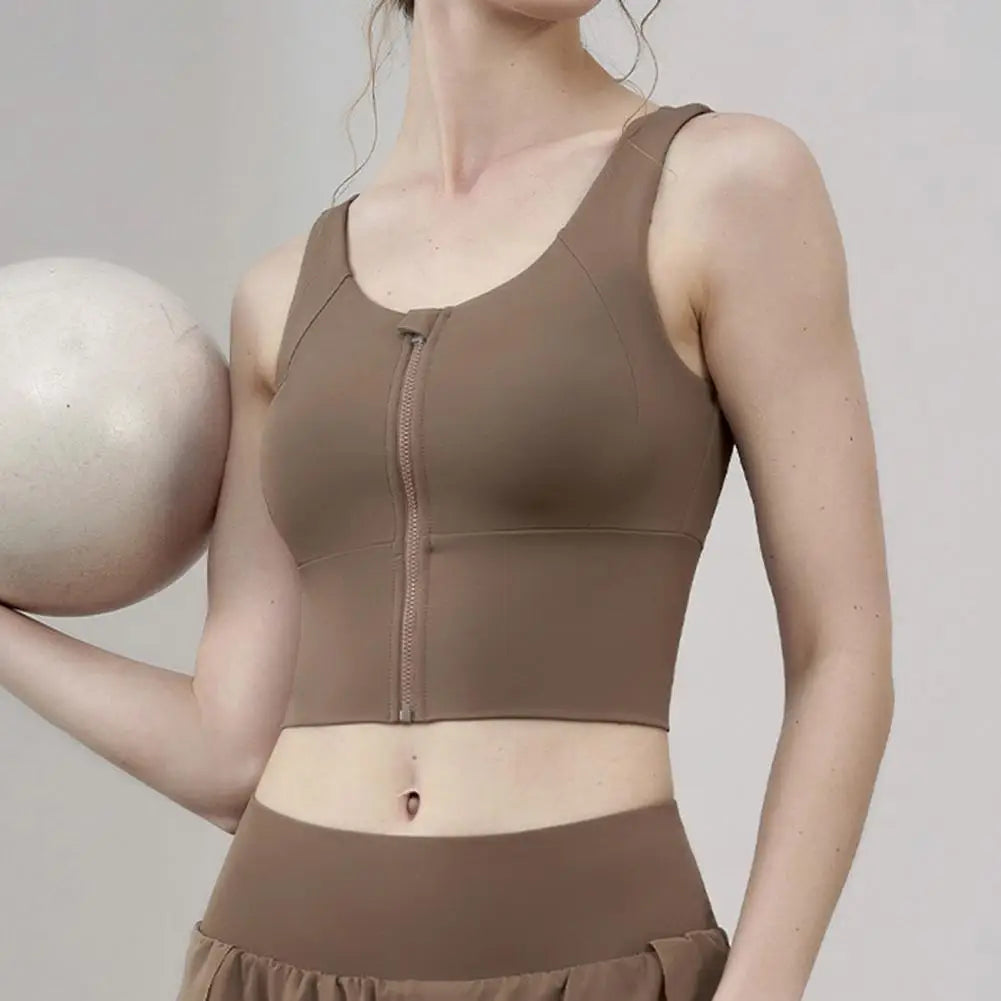 Women Sports Vest Sleeveless Round Neck Zipper Closure Fitness Bra Seamless Fabric Front Zipper Removable Chest Pad Underwear
