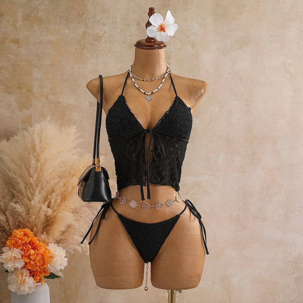 Sexy Black Triangle Bikini Set 2026 Women Lace Front Tie Push Up Crop Top Micro Swimsuit Beach Bathing Suit Two Piece Swimwear