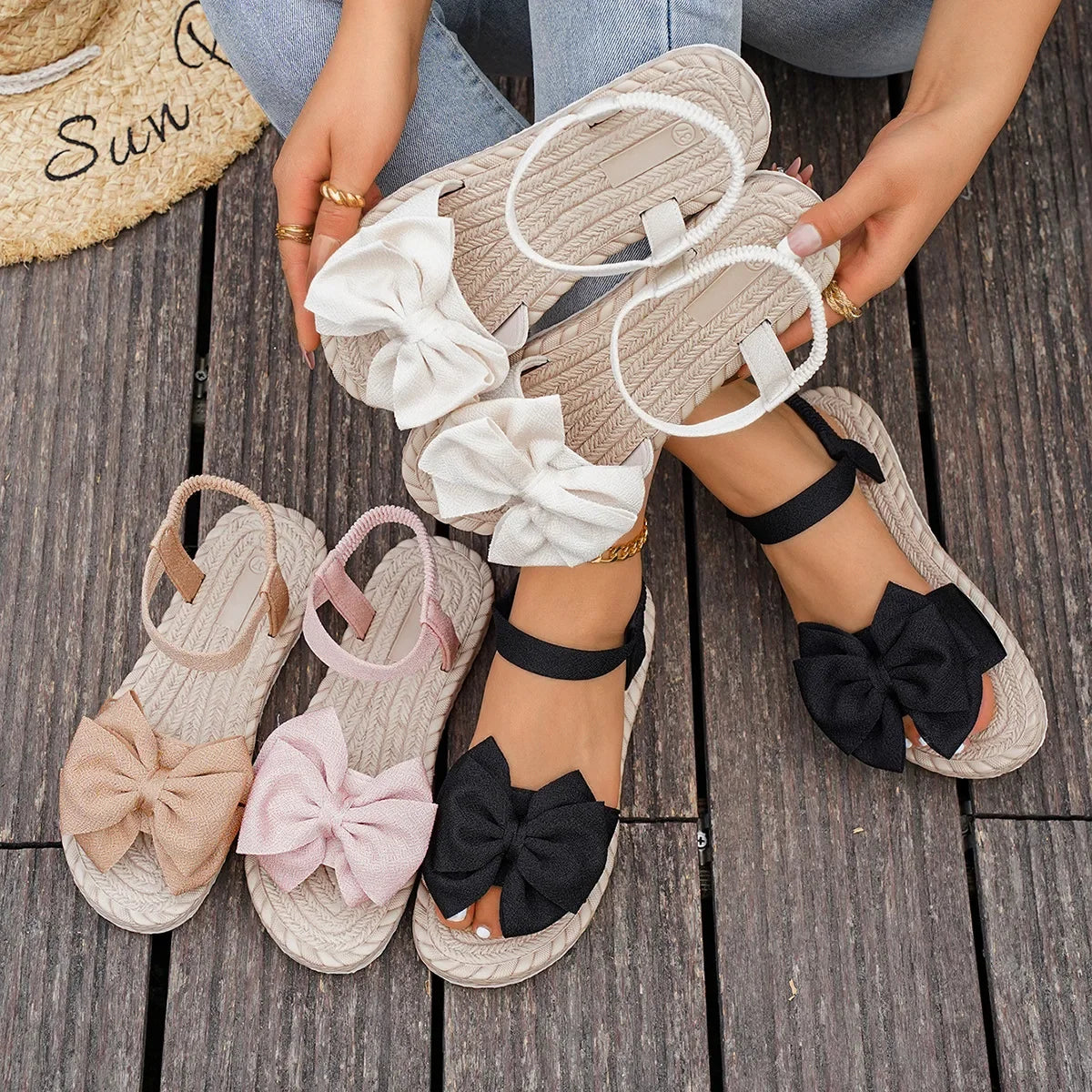 Flat Sandals Fashion Beach Slippers Outdoor Bow Tie Flat Shoes Home Women Anti-slip Trend Sandals Lightweight Sandals