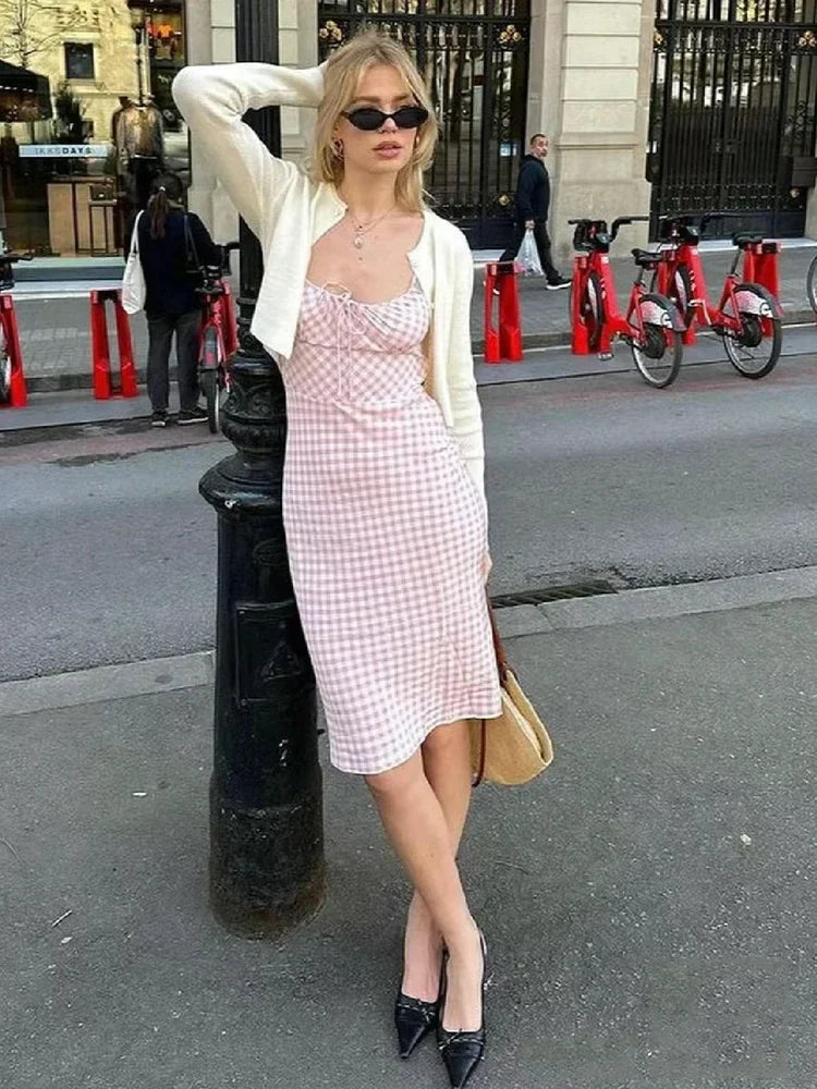 Foridol Spaghetti Strap Tie Up Plaid Dress Women Summer Beach Midi Sundress Strapless Retro Pink Short Vestidos Female Dress