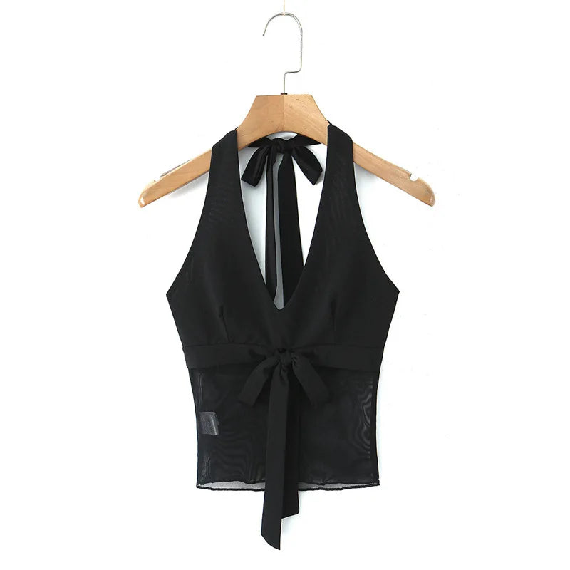 Vietnamese Sexy Halter Neck Strap Tank Top Feminine Mesh Transparent Slim Fit Large Open Back Short Camisole Top Casual RUKJ
