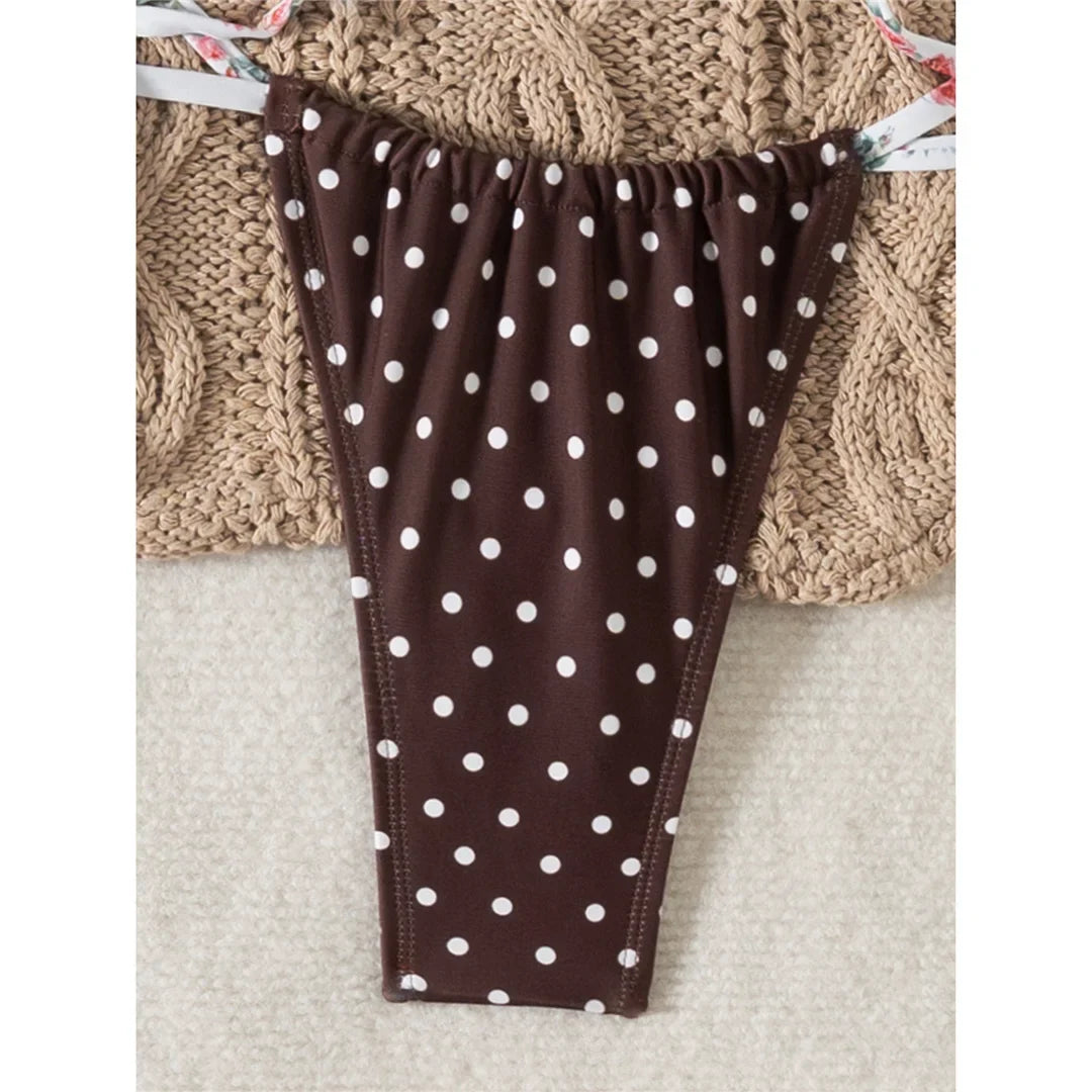 New Floral Flowers Dots High Cut Leg Bikini Women Swimwear Female Swimsuit Two-pieces Bikini set Bather Bathing Suit Swim V6964