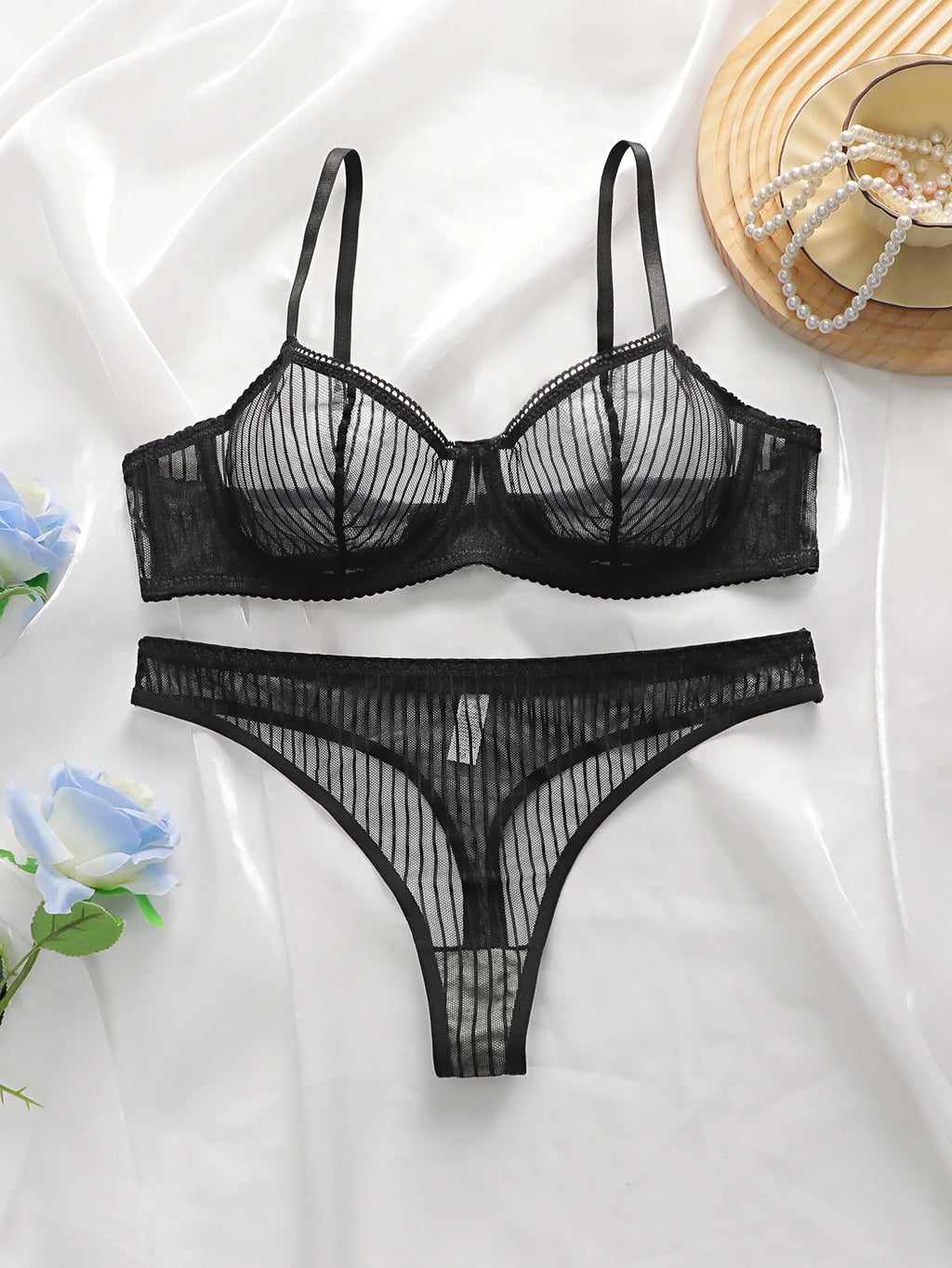 Women's transparent sexy lingerie set with striped lace and steel rims, push up bra paired with seamless thong set YS2864