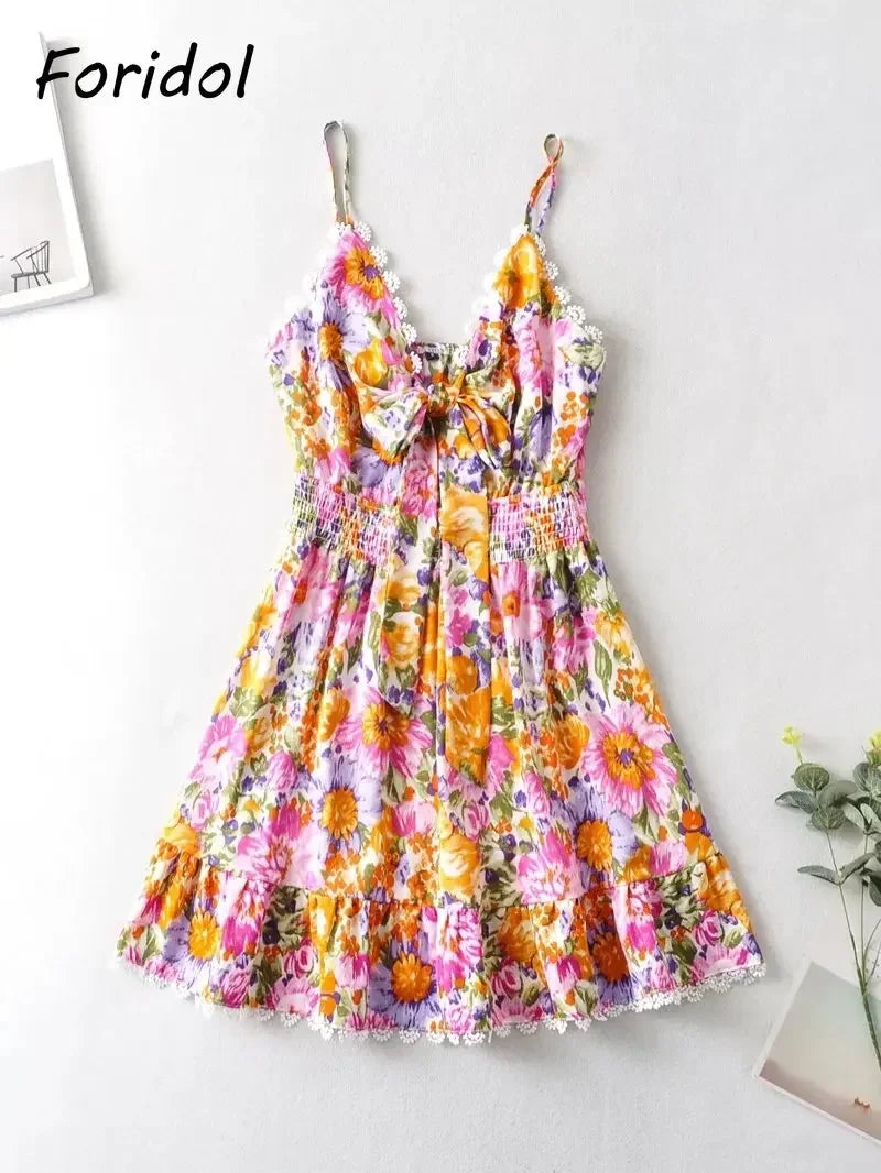 V Neck Bowknot Floral Print Boho Summer New Dress for Women Adjustable Strap Lace Patchwork Sundress Beach Casual Short Dress
