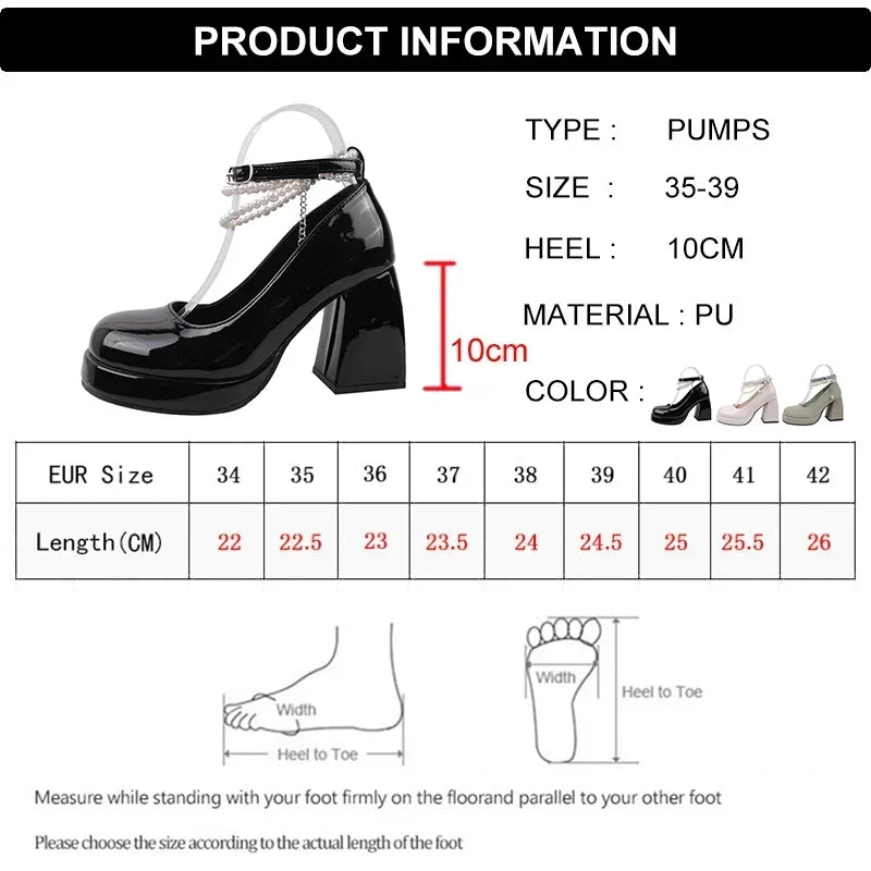 10cm Super High Heels Mary Jane Shoes Women Fashion Patent Leather Platform Pumps Woman Pearls Chain Ankle Strap Party Shoes