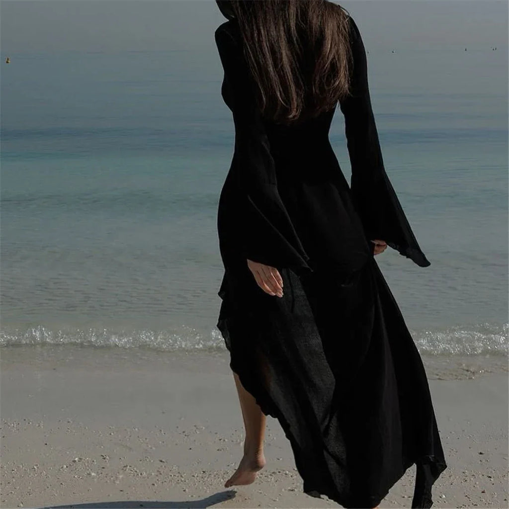 Women's V Neck Ruffled Long Sleeve Dress Chiffon Tunic Beach Cover Up Cover-ups Beach Dress Sunscreen Beachwear Vacation V5976B