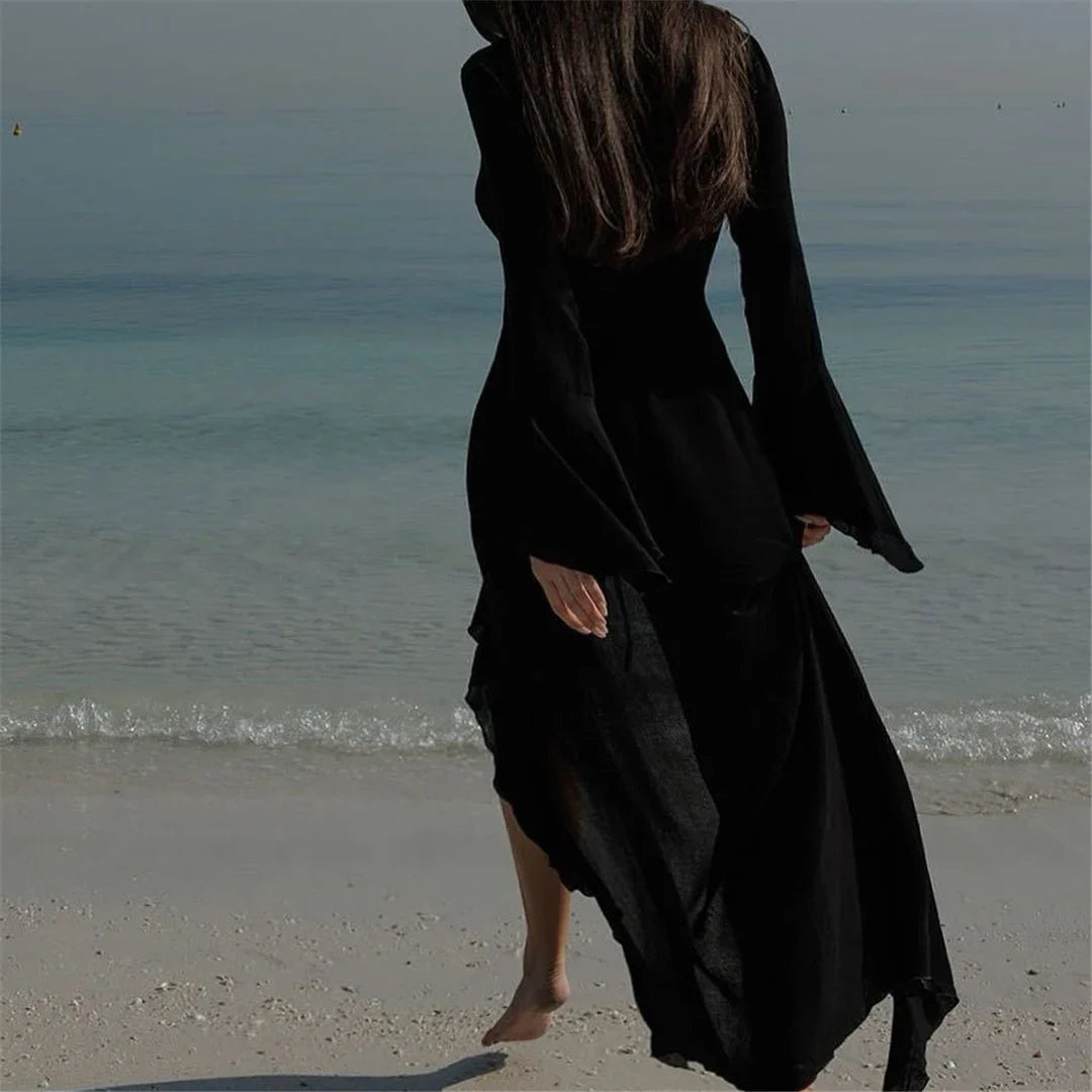 New Sexy V Neck Ruffled Long Sleeve Chiffon Tunic Beach Cover Up Cover-ups Beach Dress Beach Wear Beachwear Female Women V5976