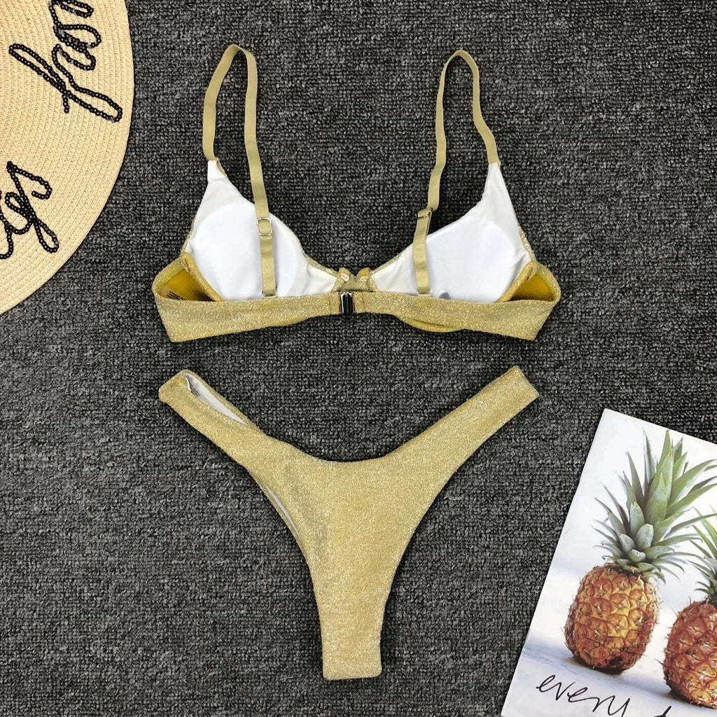 Sexy Silver Glitter Bikini 2026 Swimwear Women Push Up Cut Out Underwire Thong Swimsuit Summer Brazilian Bathing Suit Biquini