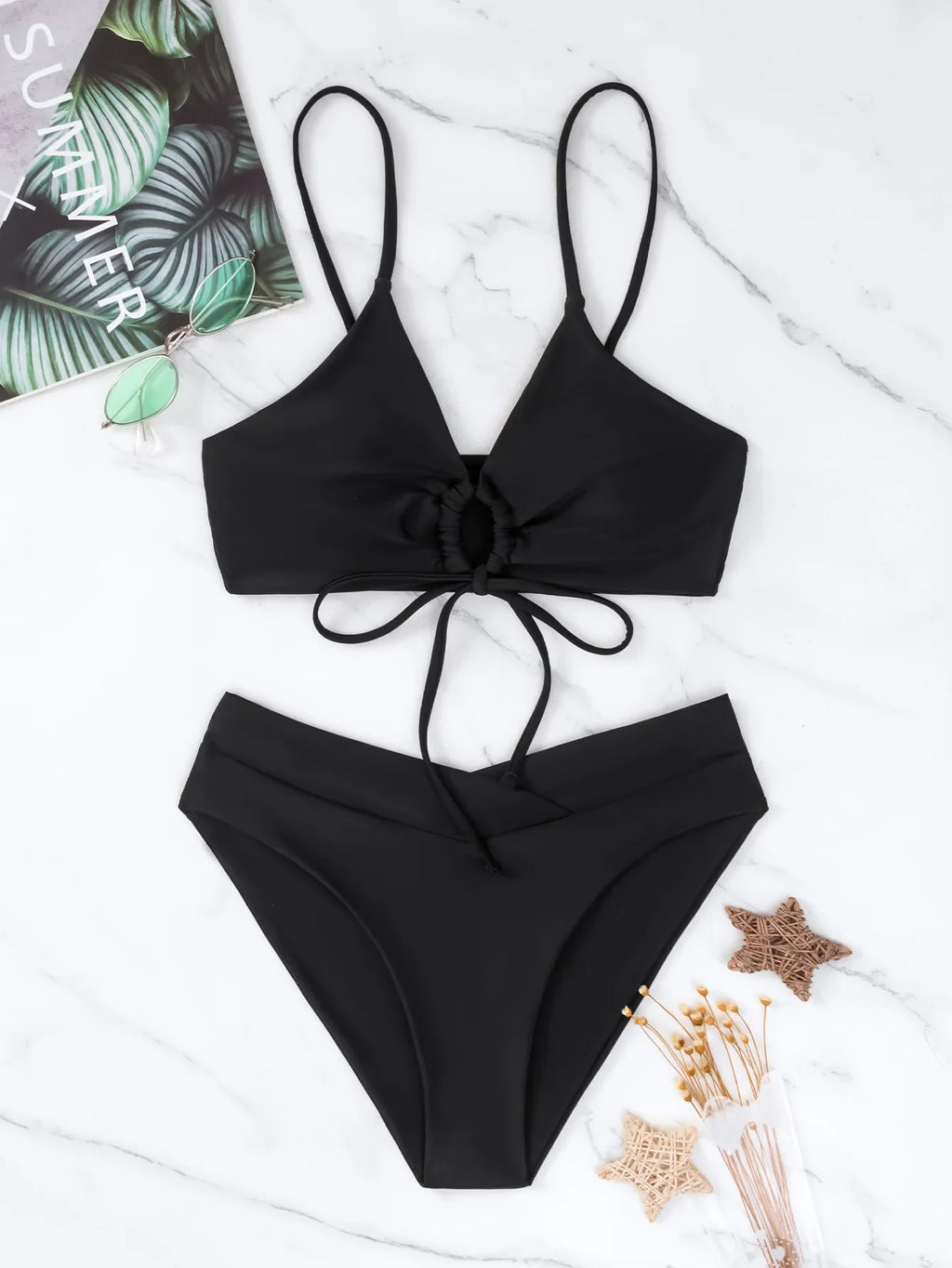 New Women's Swimsuit High Waist Two Piece Bikini Set Hollow Out V-neck Bandage Cross Backless Beach Swimwear Summer Bathing Suit