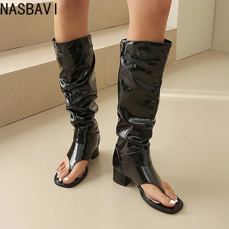 Plus Size Women Open Toe Thong Knee High Boots Metal Buckle Ruched Mid Block Heel Tall Sandal Boots Fashion Streetwear Long Boot