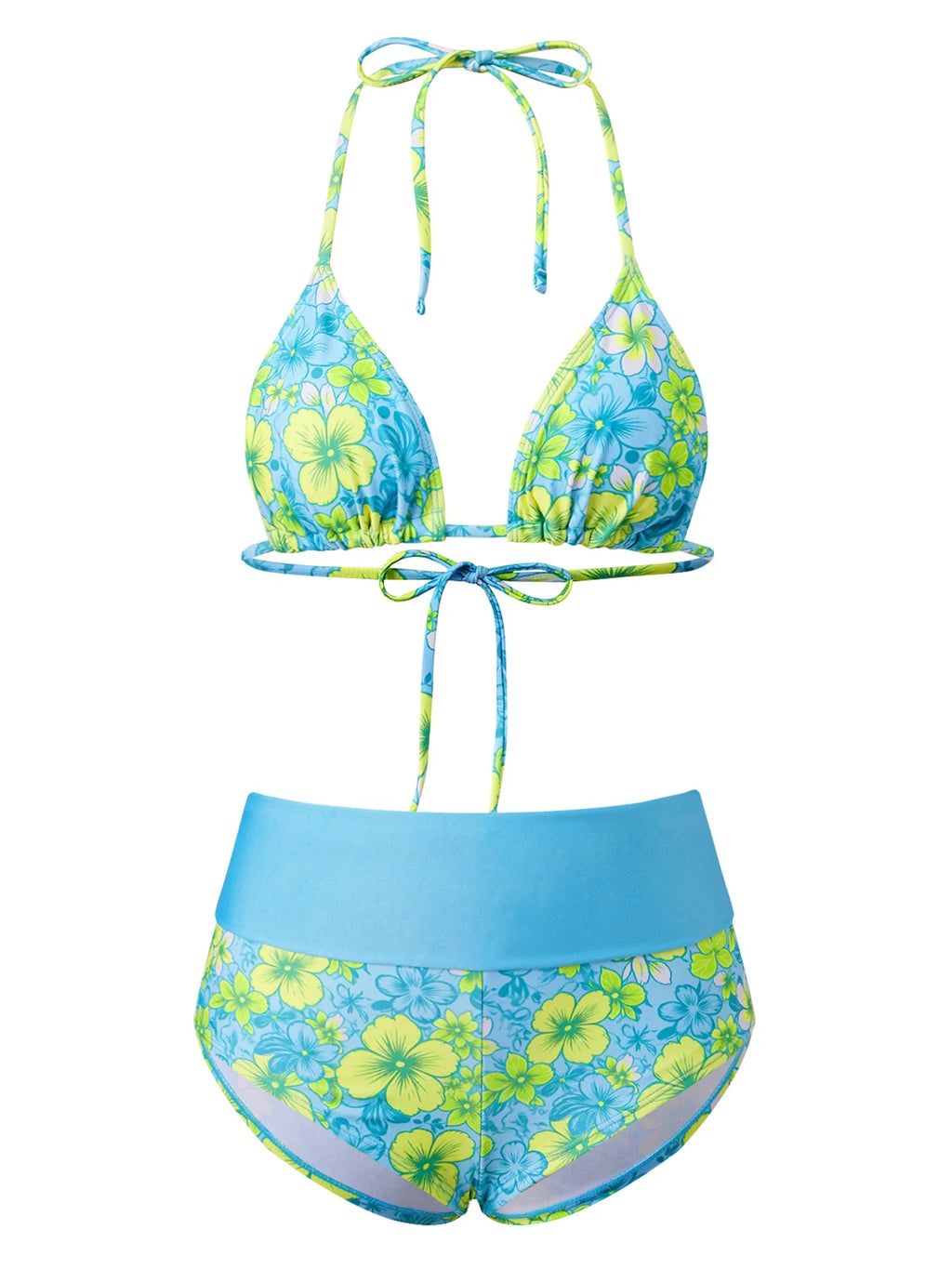 Women’s Two Piece Bikini Set Rose Hibiscus Floral Print Halter Tops with Fold Over Waist Shorts Summer Beach Wear