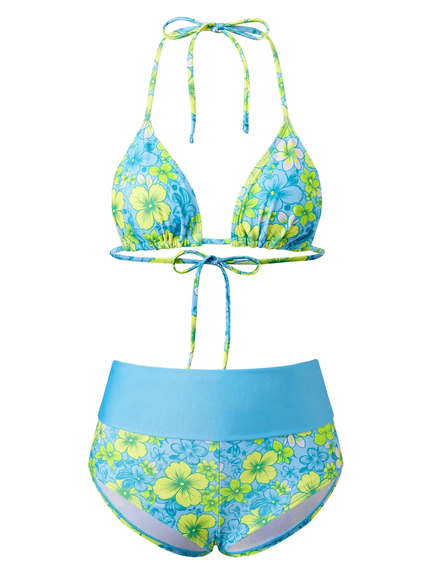 Women’s Two Piece Bikini Set Rose Hibiscus Floral Print Halter Tops with Fold Over Waist Shorts Summer Beach Wear